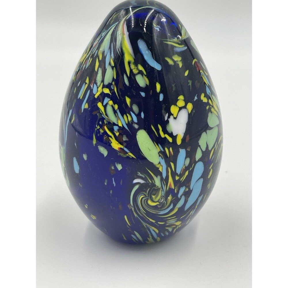 Egg Shaped Glass Paperweight Cobalt Blue Multi Color Collectible Desk Decor
